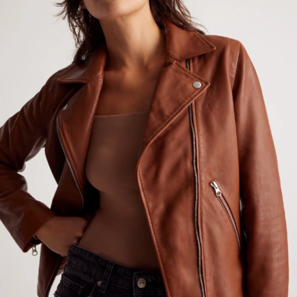 NWT - Quince: 100% Washed Leather Biker Jacket - Cognac - XS